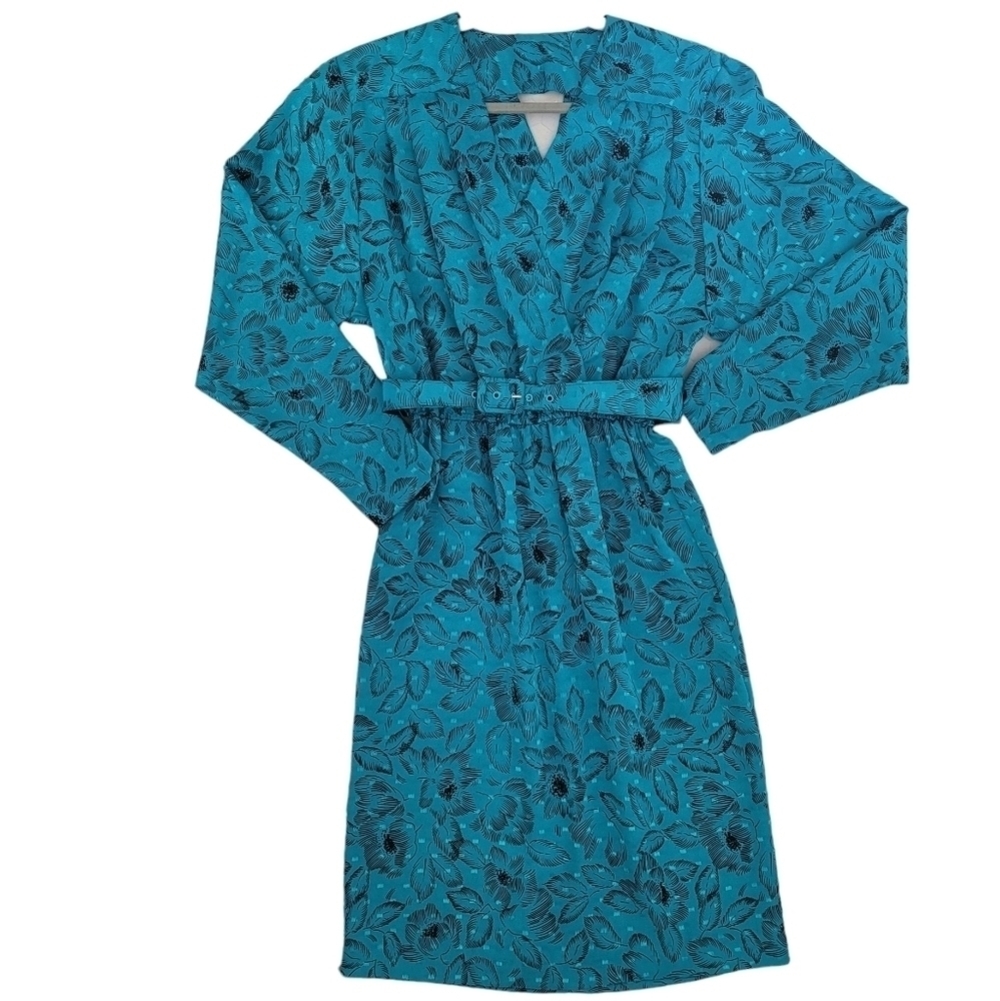 VTG Teal Blue Floral Dress with Belt XS Women Knee Length